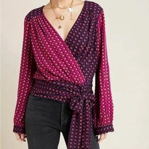 Anthropologie Maeve Lisa Puff Sleeve Boho Waist Tie Blouse Size 6
